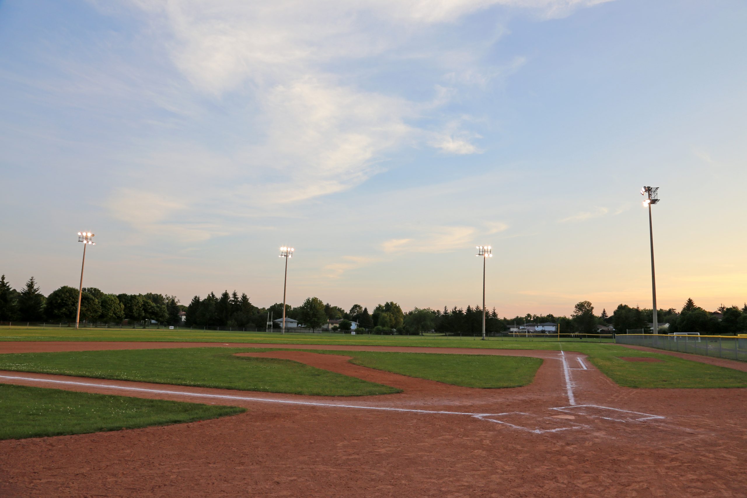 A wide angle shot of a baseball field.