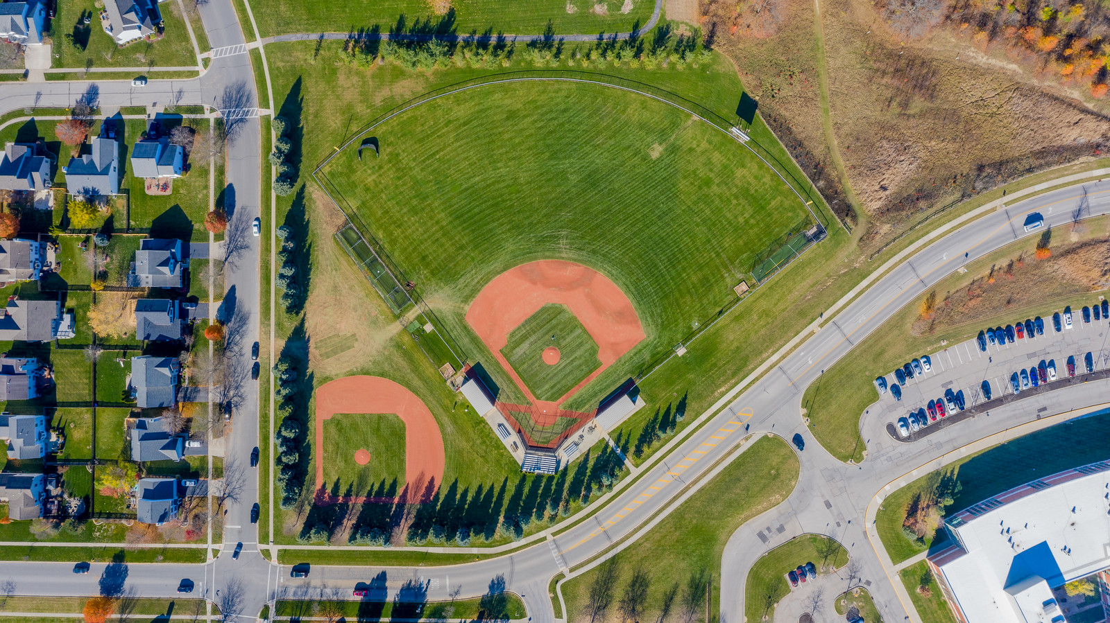 birdseye view of varsity and practice field