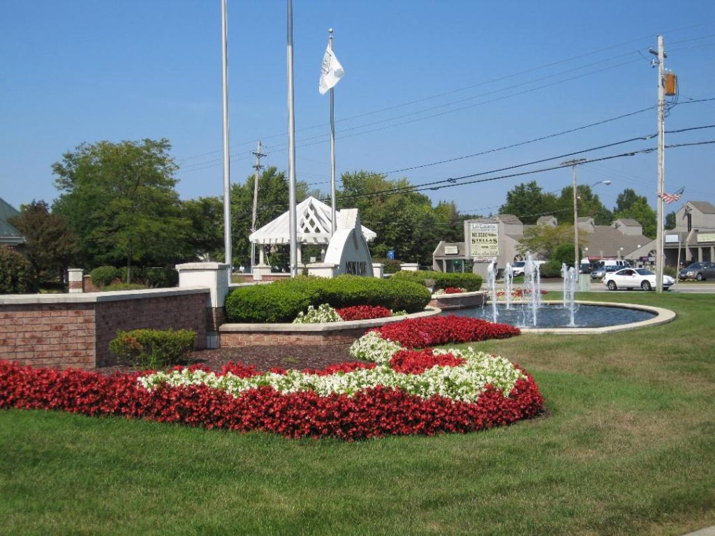 close-up view of flowers surrounding fountain and flags
