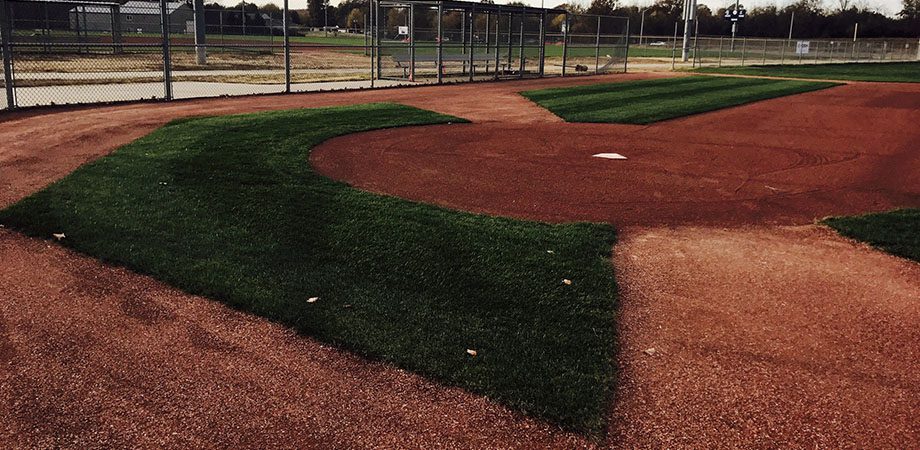 close-up of baseball field in the middle of season field maintenance